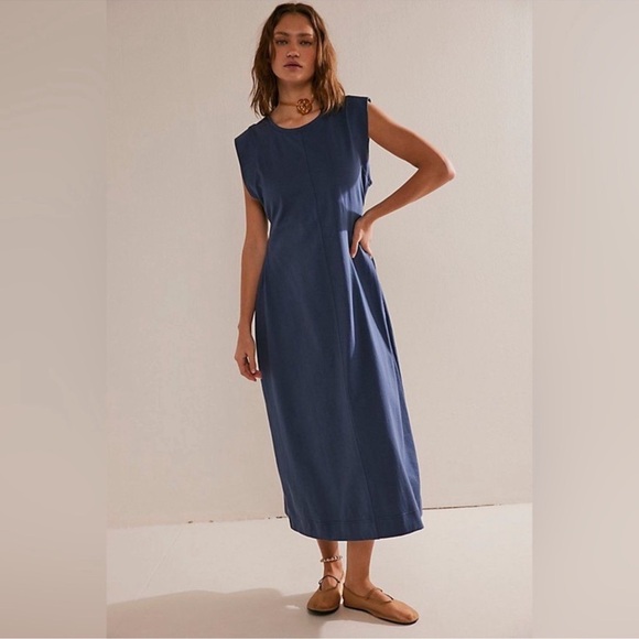 NWOT FREE PEOPLE FP BEACH Exposed Back Dress XS 💯 COTTON SIMONE MAJOLICA BLUE - Picture 2 of 5